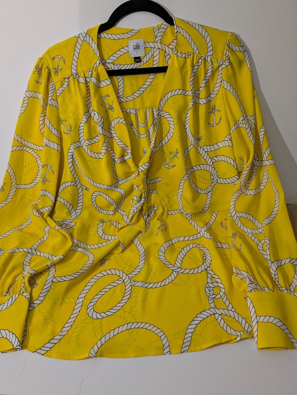 CAbi Bright Yellow Nautical, Rope-Print, Reef Knot Blouse